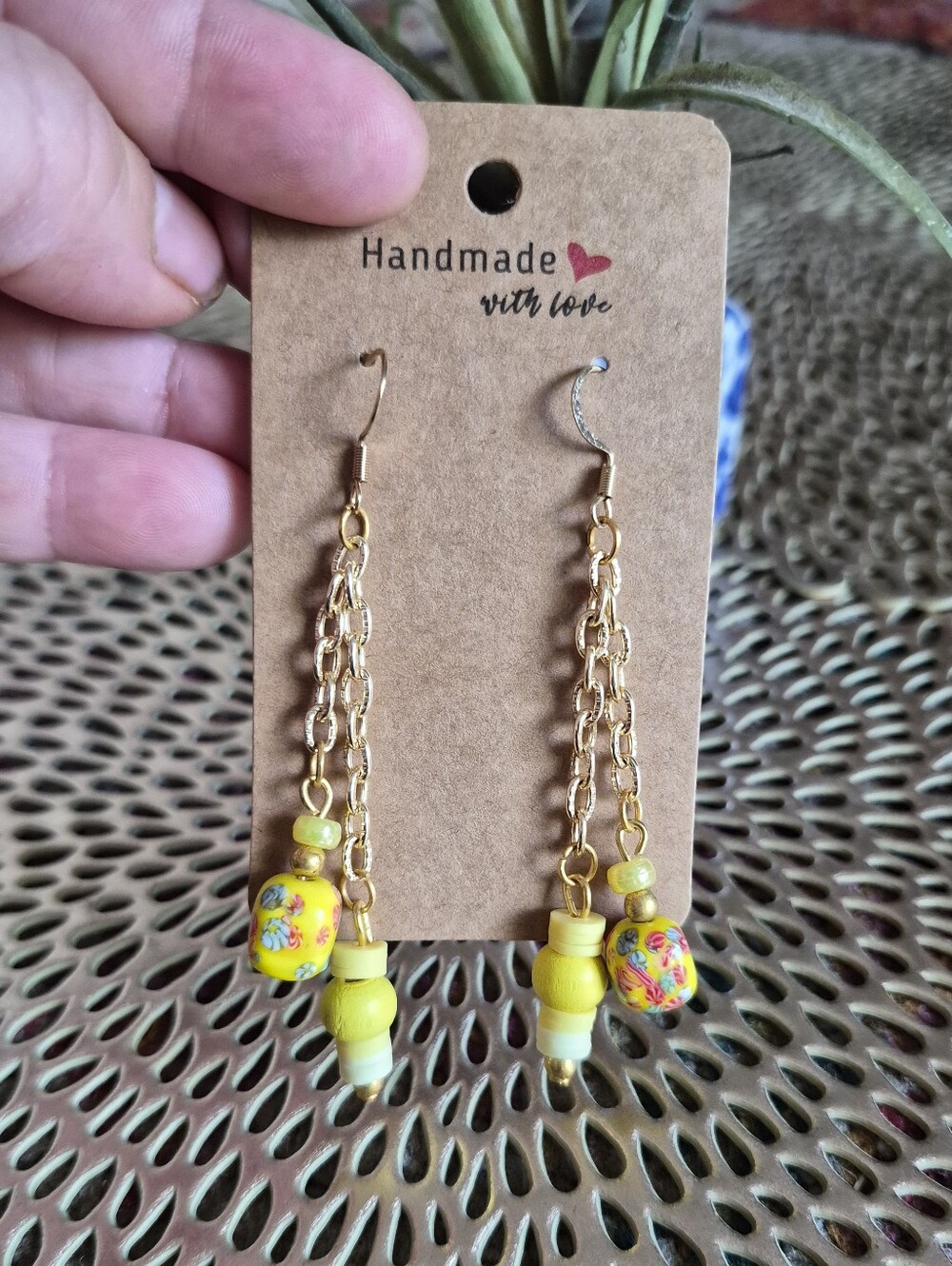 Handmade Yellow Bead Dangle Earrings